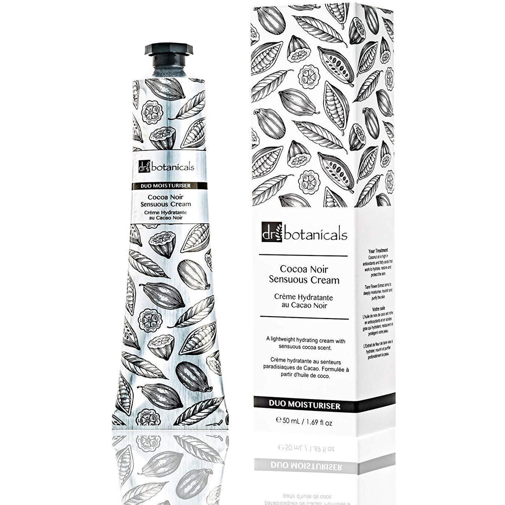 Dr Botanicals Cocoa Noir sensuous face and hand cream in 50ml vegan skin care jar by Grace Beauty, showcasing the luxurious packaging.