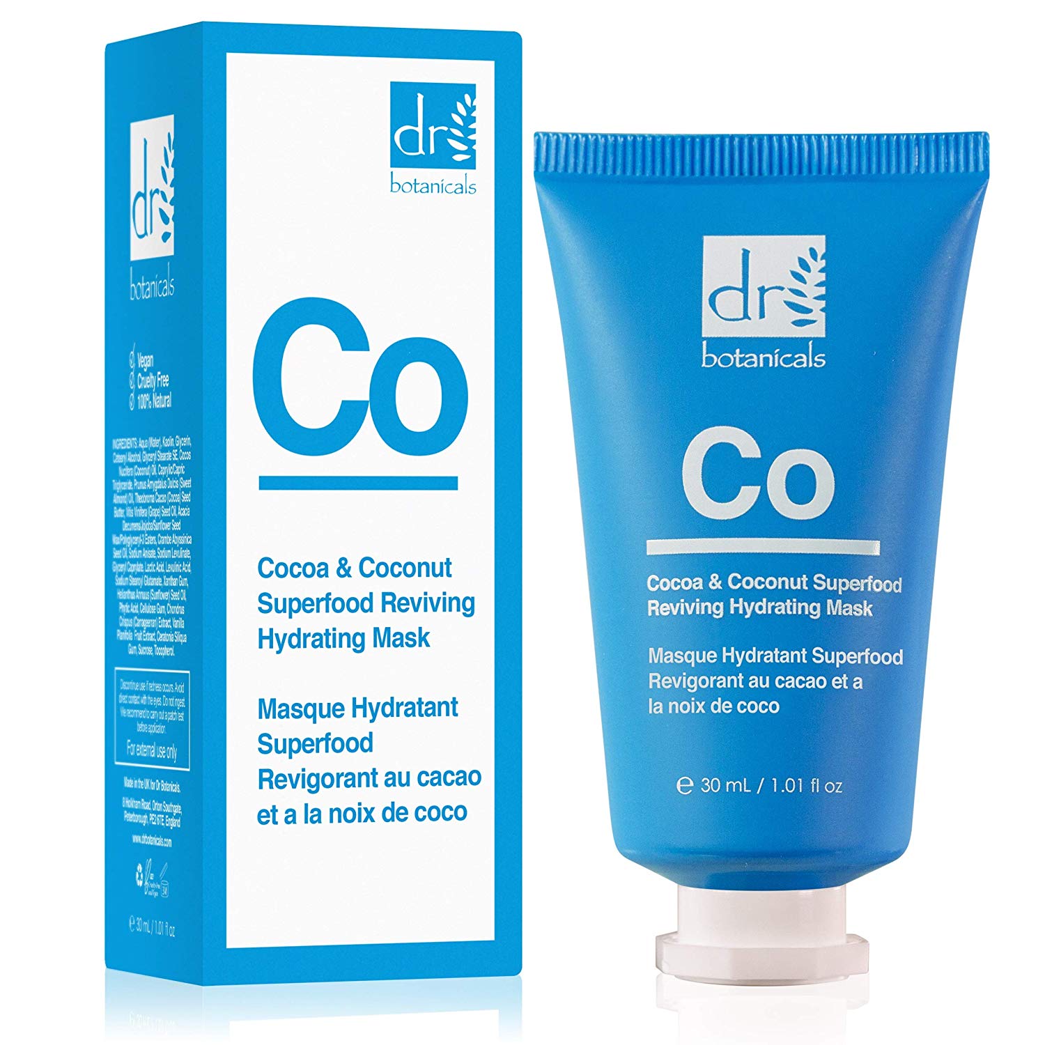 Grace Beauty Dr Botanicals Cocoa and Coconut Superfood Hydrating Mask in 50ml vegan skin care jar with cocoa and coconut ingredients