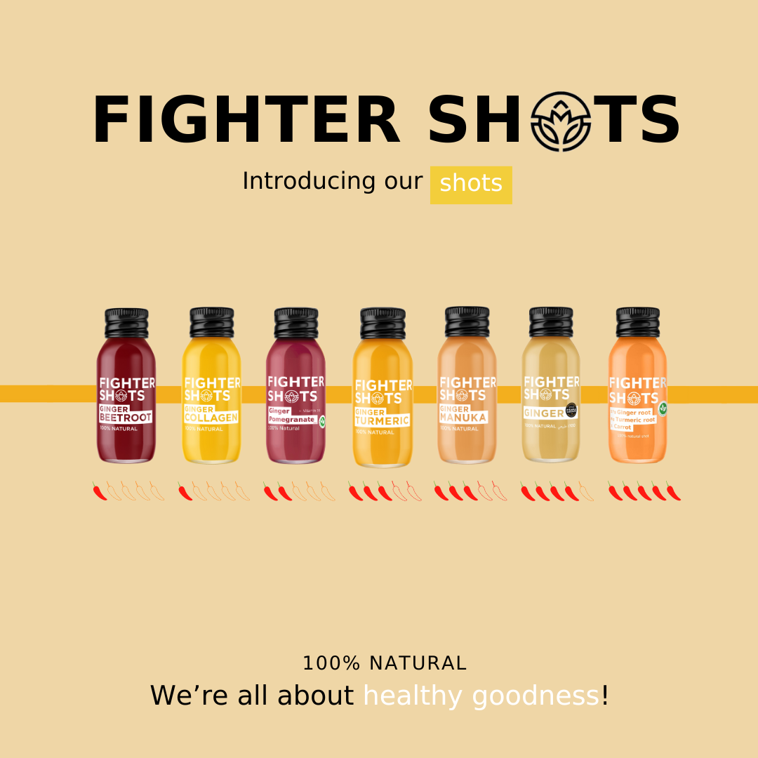 Fighter Shots vegan wellness shot with carrot, ginger, and turmeric in a 60ml cold-pressed bottle, single or 12-pack.