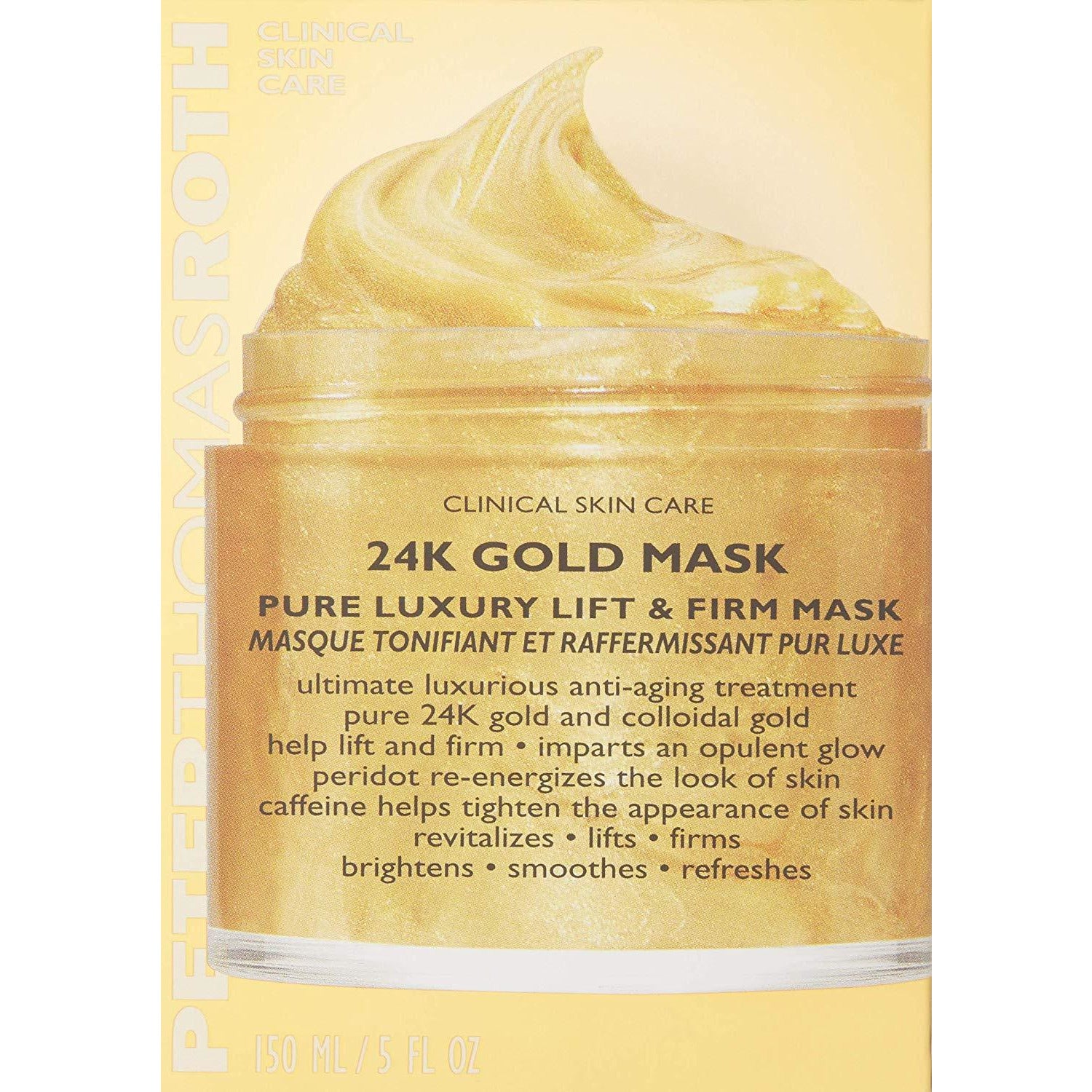 Peter Thomas Roth 24K Gold Mask in 150ml jar, luxurious gold-toned skincare product with a sleek container for radiant skin.