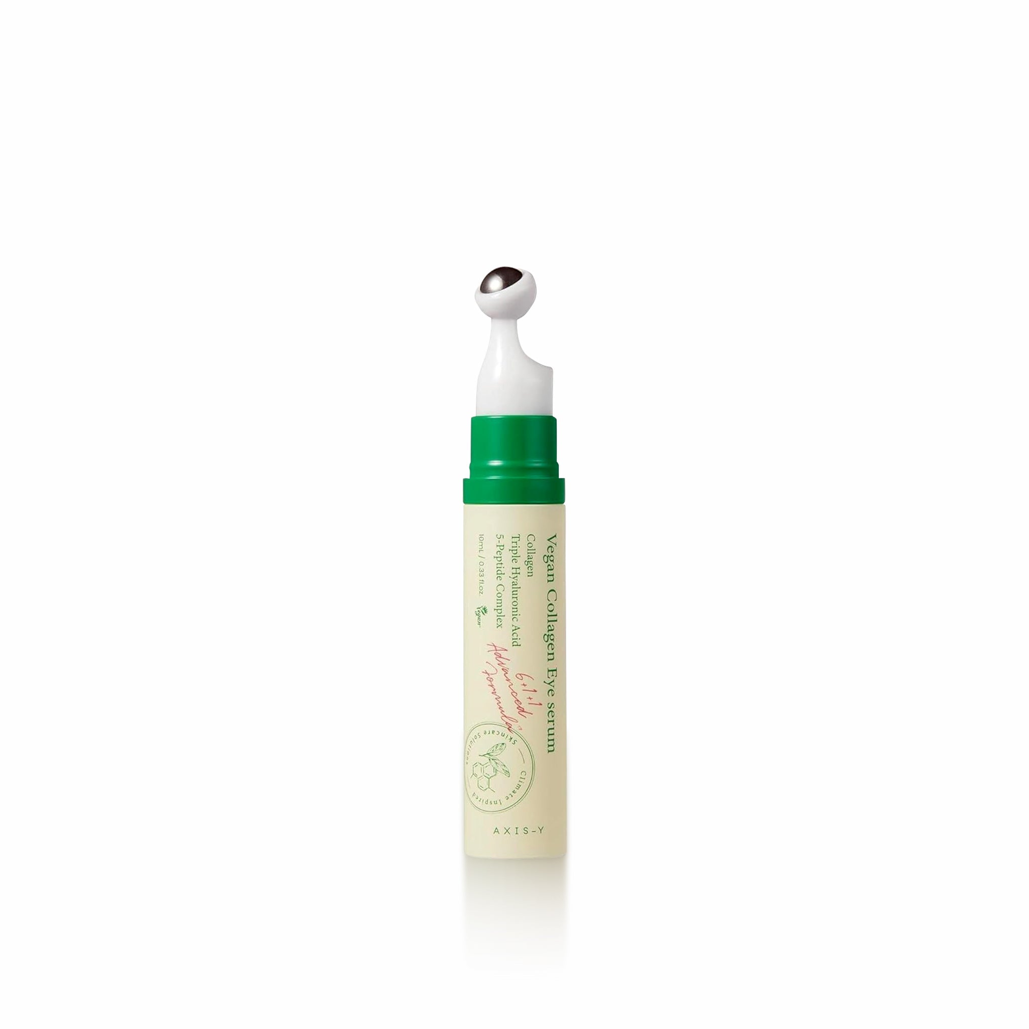 AXIS-Y Vegan Collagen Eye Serum 10ml in a sleek tube, designed for reducing puffiness and fine lines around the eyes.