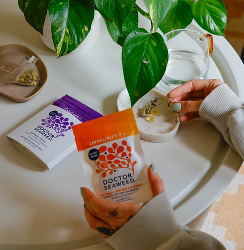 Doctor Seaweed Clarity & Defence Duo with skincare products, shown in a natural autumn lifestyle setting.