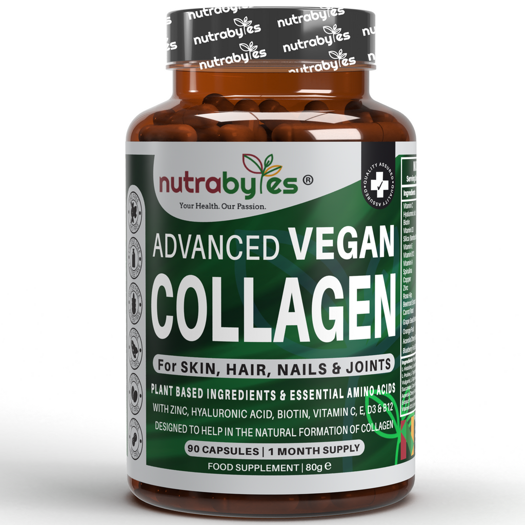 NUTRABYTES Advanced Vegan Collagen capsules for hair, skin, nails, and joints with plant-based ingredients and essential amino acids