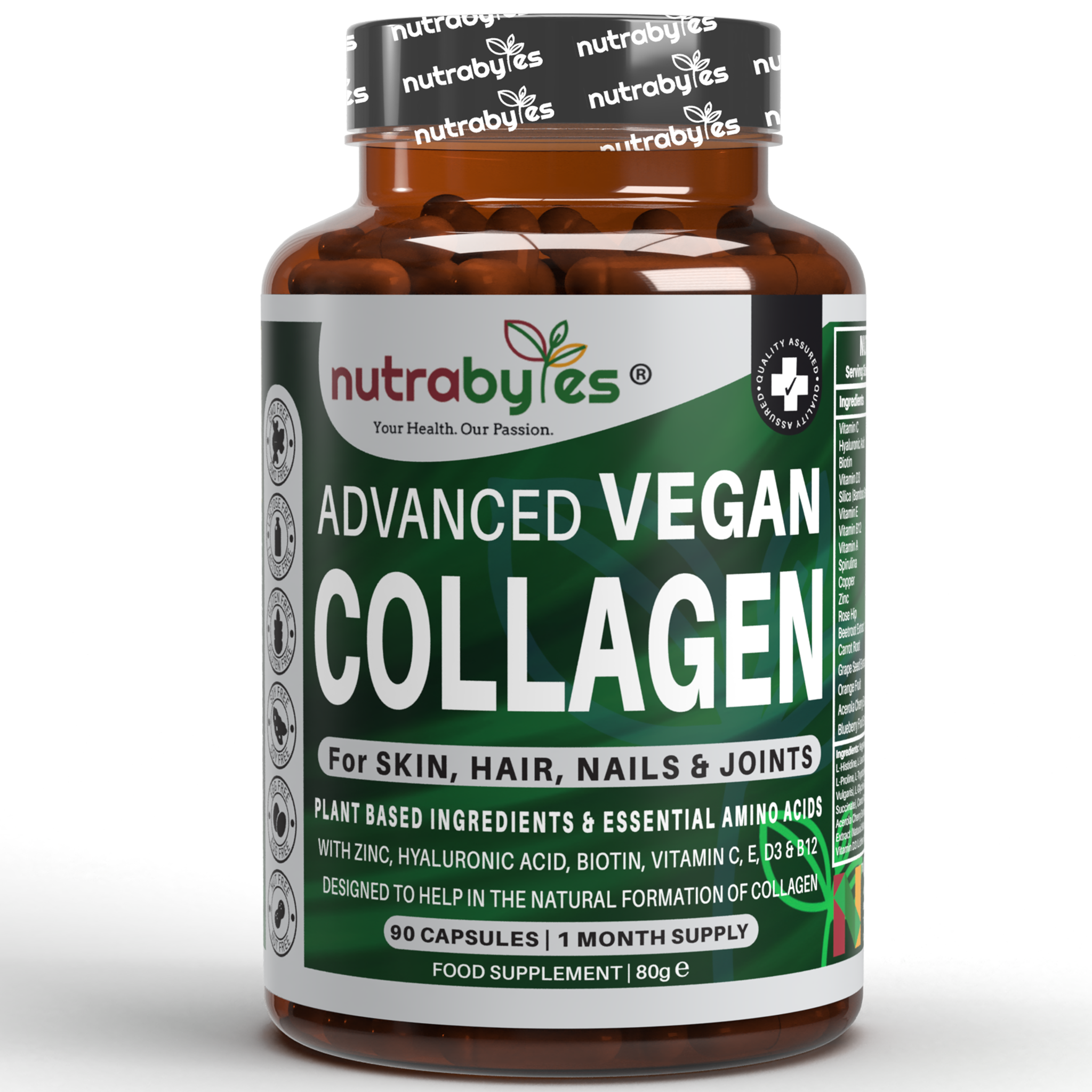 NUTRABYTES Advanced Vegan Collagen capsules for hair, skin, nails, and joints with plant-based ingredients and essential amino acids