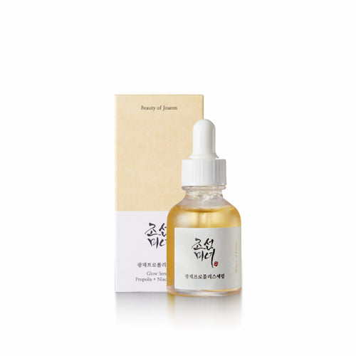 Mii Korean Skincare Beauty of Joseon Glow Serum with Propolis and Niacinamide in 30ml bottle, highlighting a clear, elegant serum bottle.