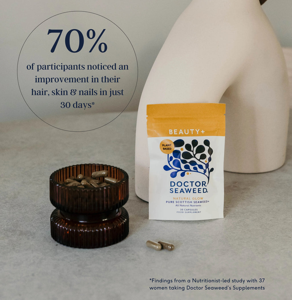 Doctor Seaweed Beauty+ vitamins and supplements bottle with label, showcasing natural ingredients for skin and overall wellness.