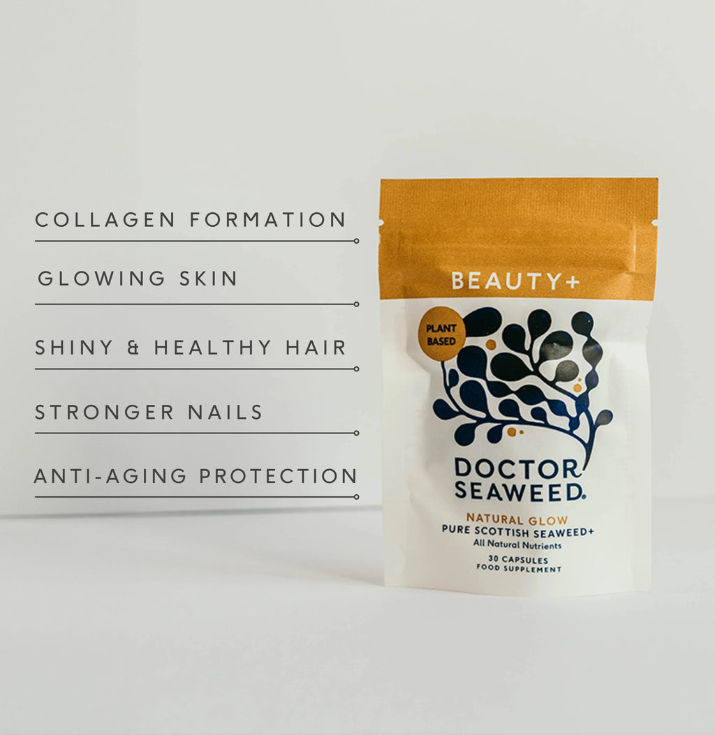 Doctor Seaweed Beauty+ vitamins and supplements infographic showing ingredients and benefits for skin health and overall wellness.