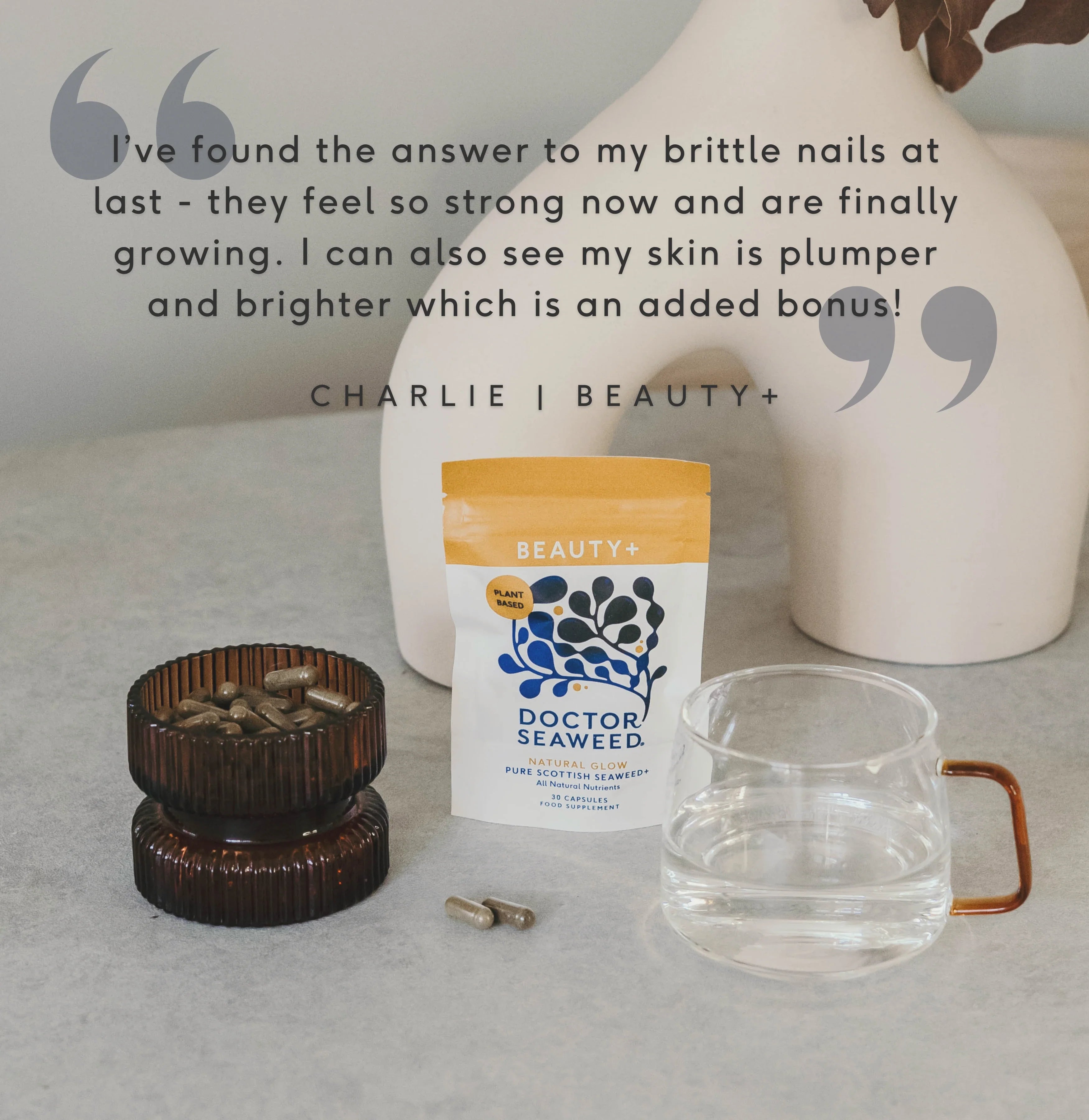 Doctor Seaweed Beauty+ vitamins and supplements bottle with vibrant label showcasing natural ingredients and health benefits.