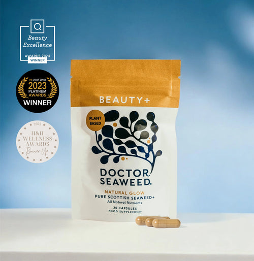 Doctor Seaweed Beauty+ vitamins and supplements bottle with colorful label, designed for skincare and beauty support.