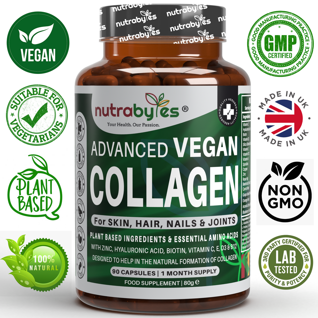 NUTRABYTES Advanced Vegan Collagen capsules in a bottle, featuring plant-based ingredients for hair, skin, nails, and joints support.