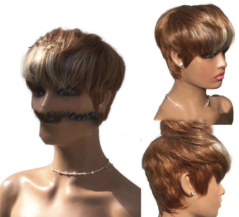 Cashymart short wig with brown and golden highlights, stylish and natural-looking, featuring layered, straight hair.