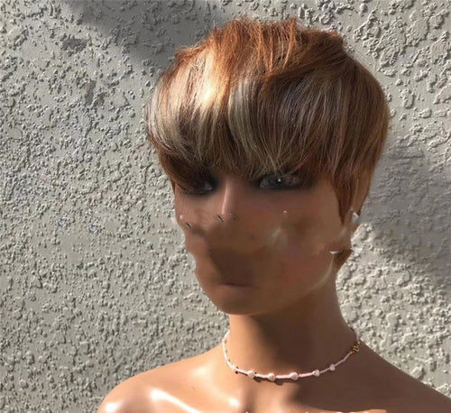Brown and golden highlights short hair wig by Cashymart featuring layered, natural-looking style and vibrant color accents.