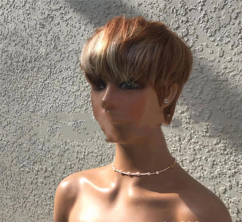 Brown and golden highlights short wig by Cashymart with layered, natural-looking hair for a stylish, versatile look.