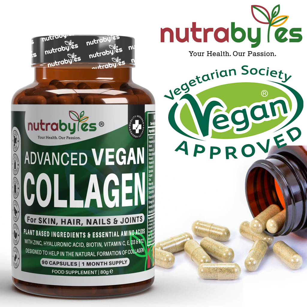 NUTRABYTES vegan collagen capsules for hair, skin, nails, and joints, featuring plant-based ingredients and essential amino acids.
