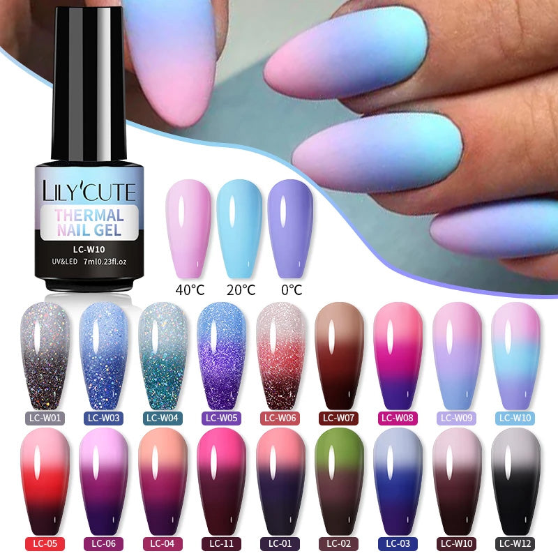 Cashymart color-changing thermal gel nail polish showing a gradient from light to dark shades on neatly painted nails.