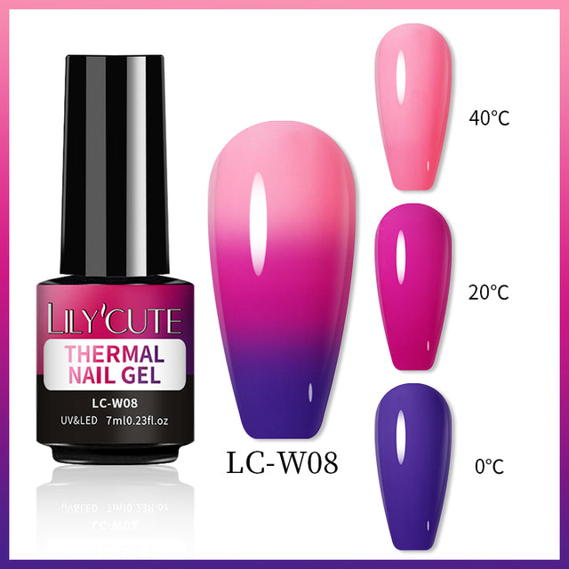 Cashymart color-changing thermal gel nail polish showing a gradient of warm and cool tones on well-manicured nails.
