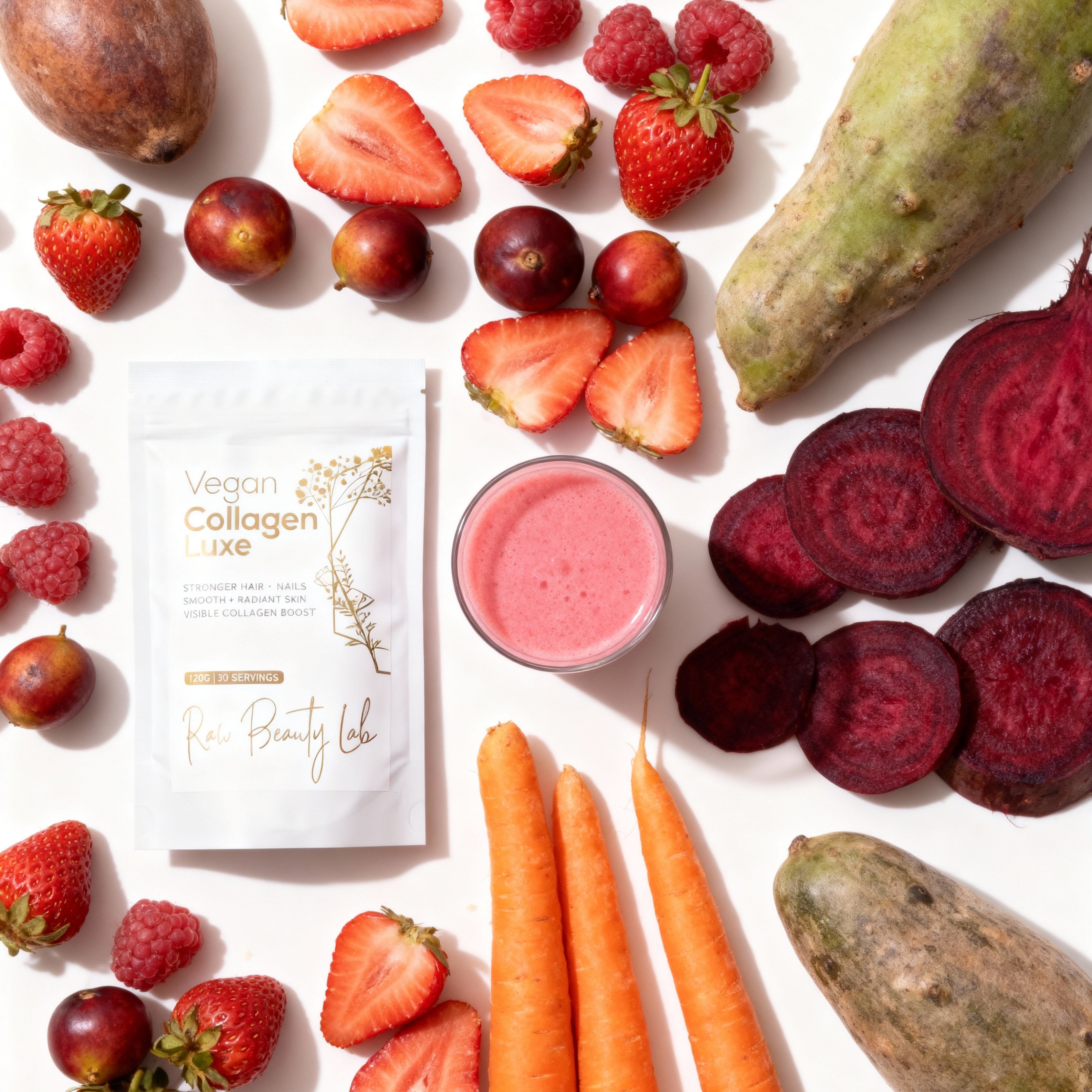 Raw Beauty Lab Vegan Collagen Luxe supplement bottle with label, featuring plant-based ingredients and a sleek design.