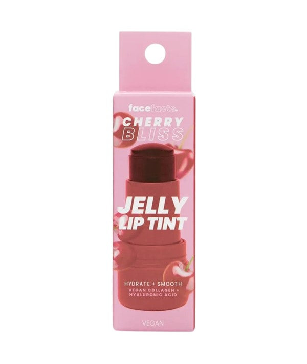 Face Facts Cherry Bliss Jelly Lip Tint applied on lips with a glossy finish and vibrant cherry color.