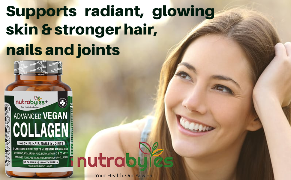 NUTRABYTES Advanced Vegan Collagen capsules for hair, skin, nails, and joints, featuring plant-based ingredients and essential amino acids.