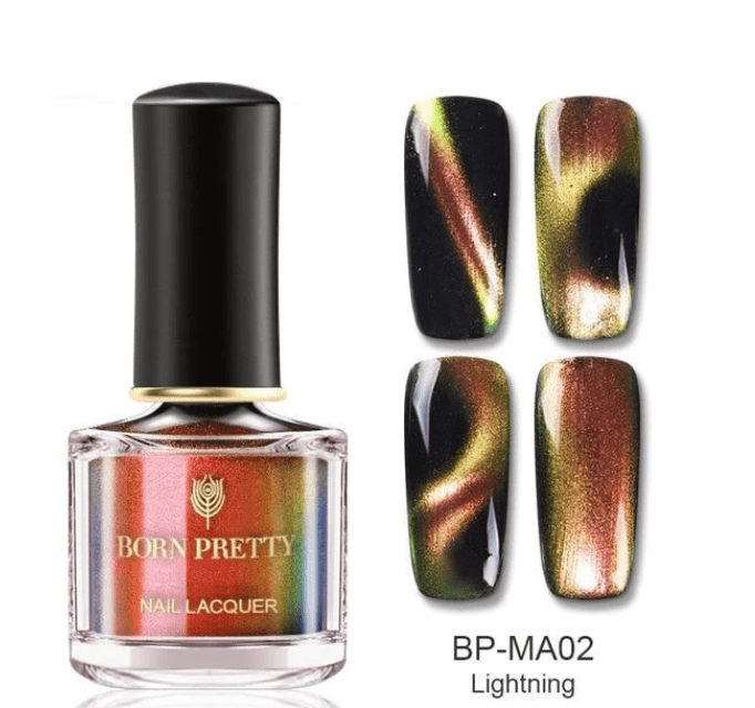 Cashymart magnetic nail polish bottle showing the sleek black and silver cap with the colorful nail polish inside.