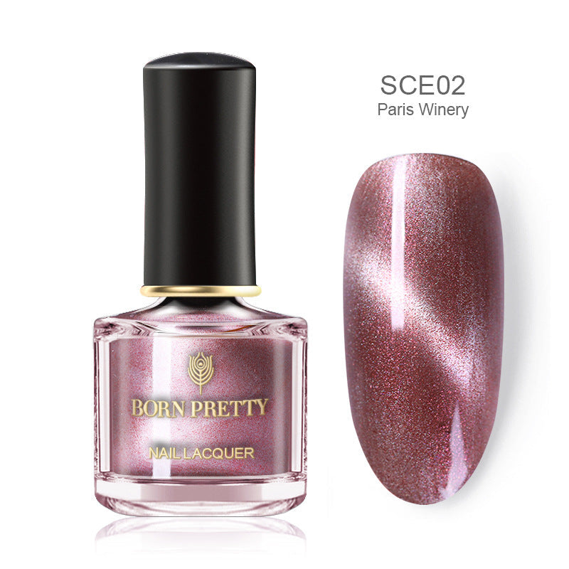 Cashymart magnetic nail polish bottle with black cap showing iridescent, magnetic nail polish inside.
