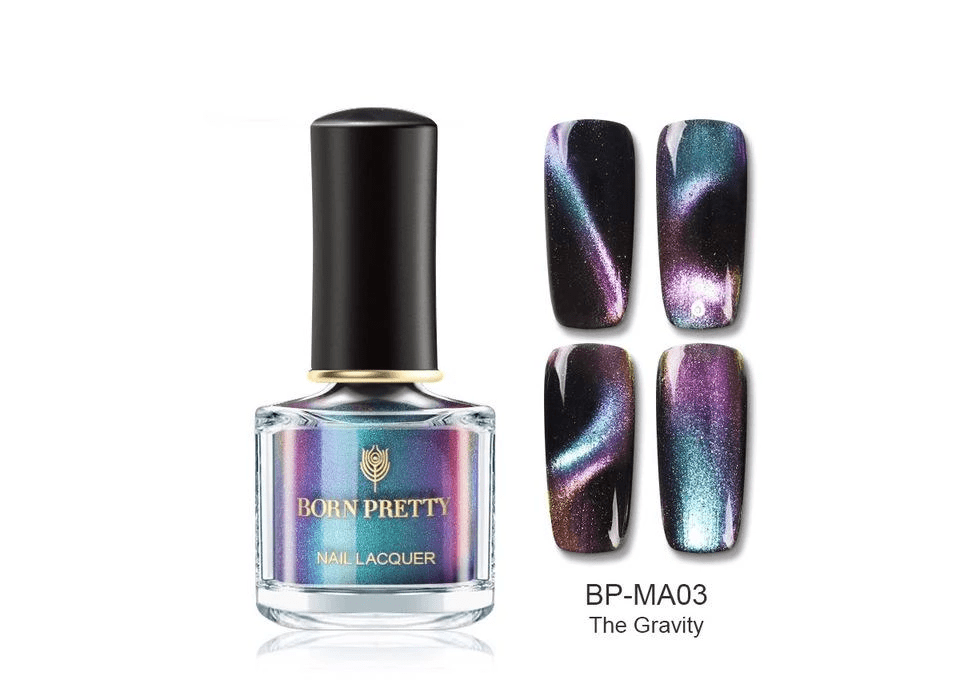 Magnetic nail polish by Cashymart showcasing a sleek, shiny finish with a magnetic design on the nails.