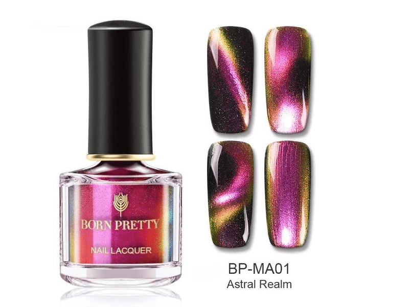 Magnetic nail polish by Cashymart with a dark, shimmering color and magnetic design on the nails.
