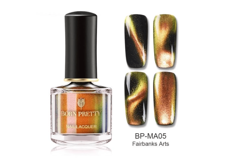 Cashymart magnetic nail polish bottle showcasing the dark, glossy finish and magnetic cap with swirling nail design.