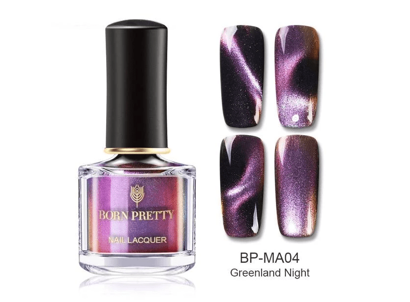 Cashymart magnetic nail polish in a sleek bottle with a magnetic cap, showcasing the shiny, metallic finish of the nail polish.
