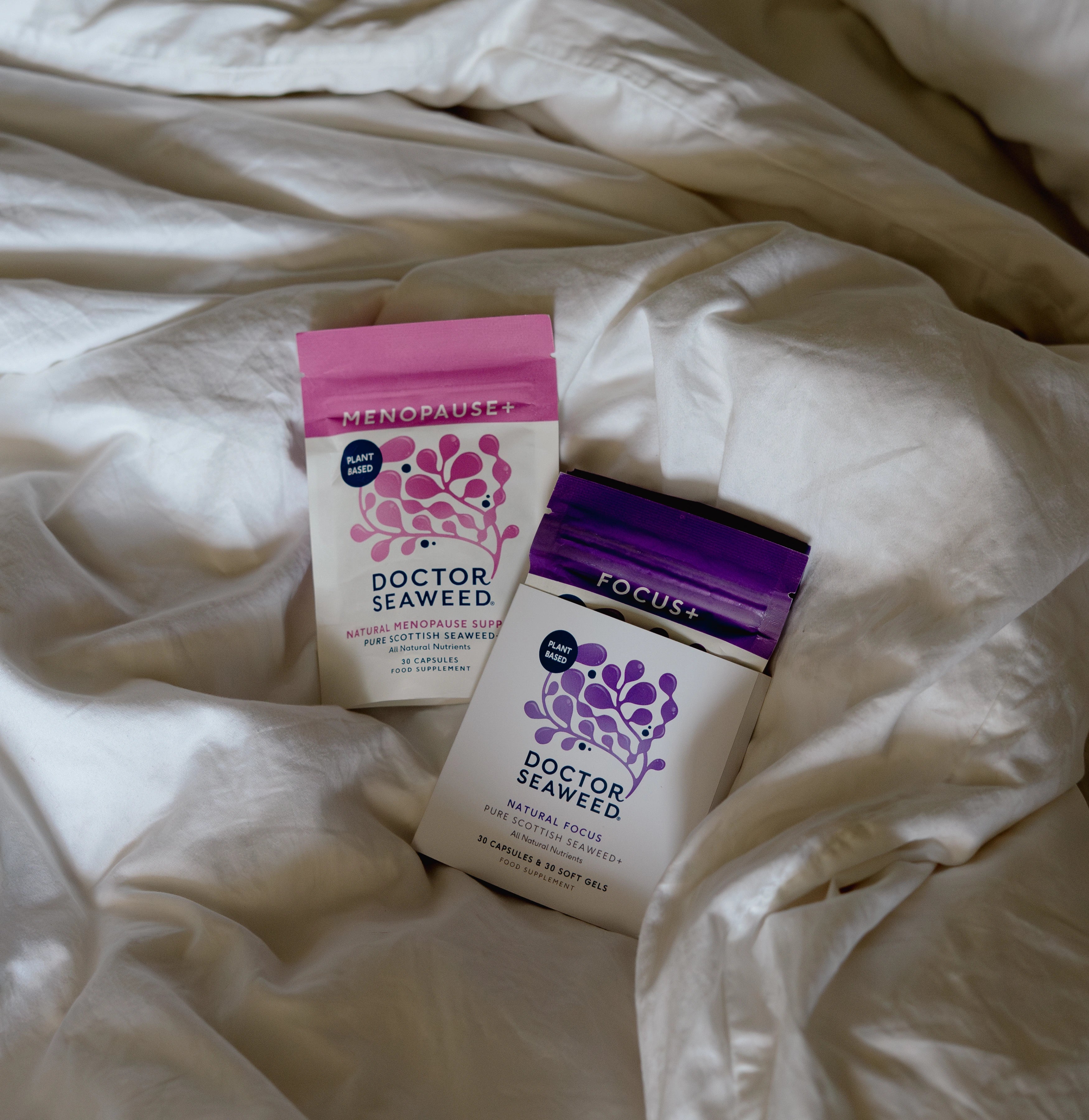 Doctor Seaweed Menopause Support Duo vitamin and supplement bottles on a lifestyle background, promoting menopause relief and health.