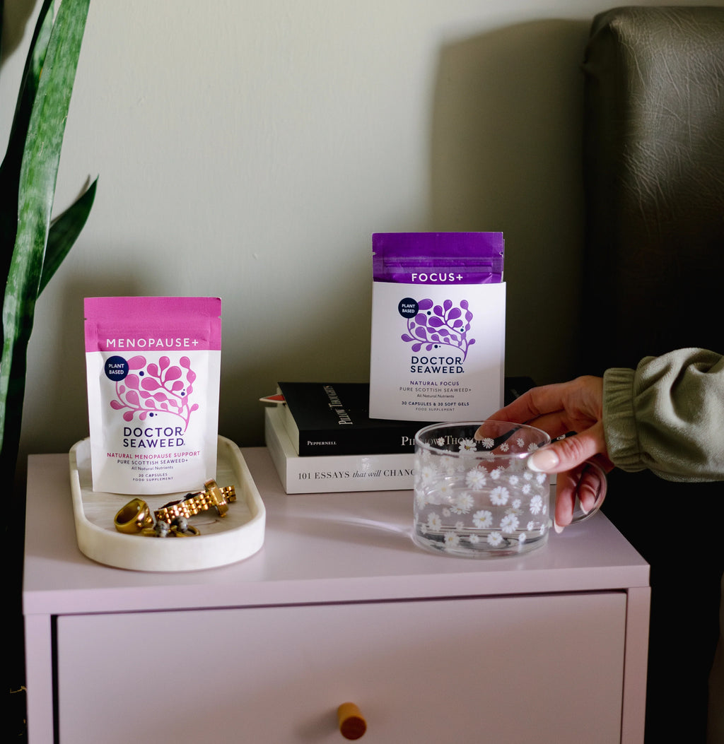 Doctor Seaweed Menopause Support Duo vitamins and supplements in a lifestyle setting, featuring bottles and natural health elements.