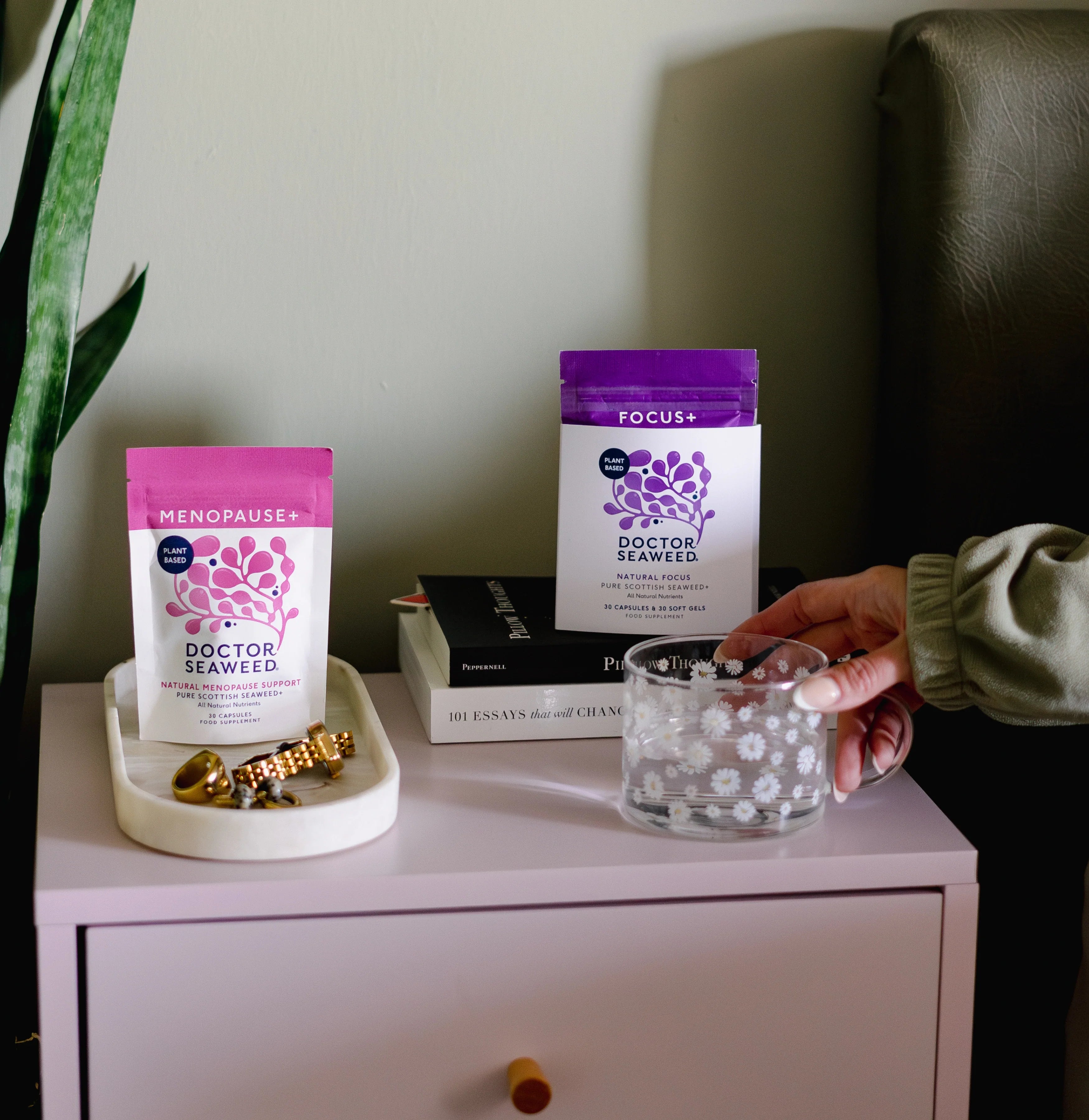 Doctor Seaweed Menopause Support Duo vitamins and supplements in a lifestyle setting, featuring bottles and natural health elements.