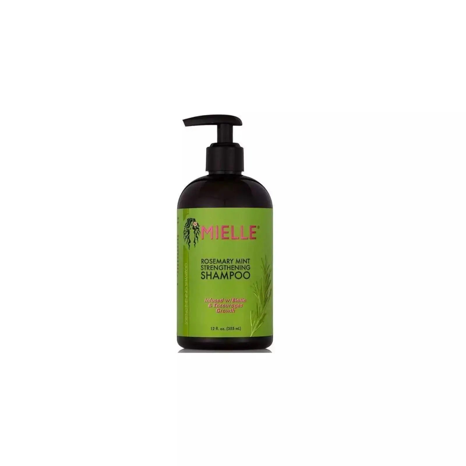 Mielle Organics Rosemary Mint Strengthening Shampoo 355ml bottle with labels and fresh mint leaves in background