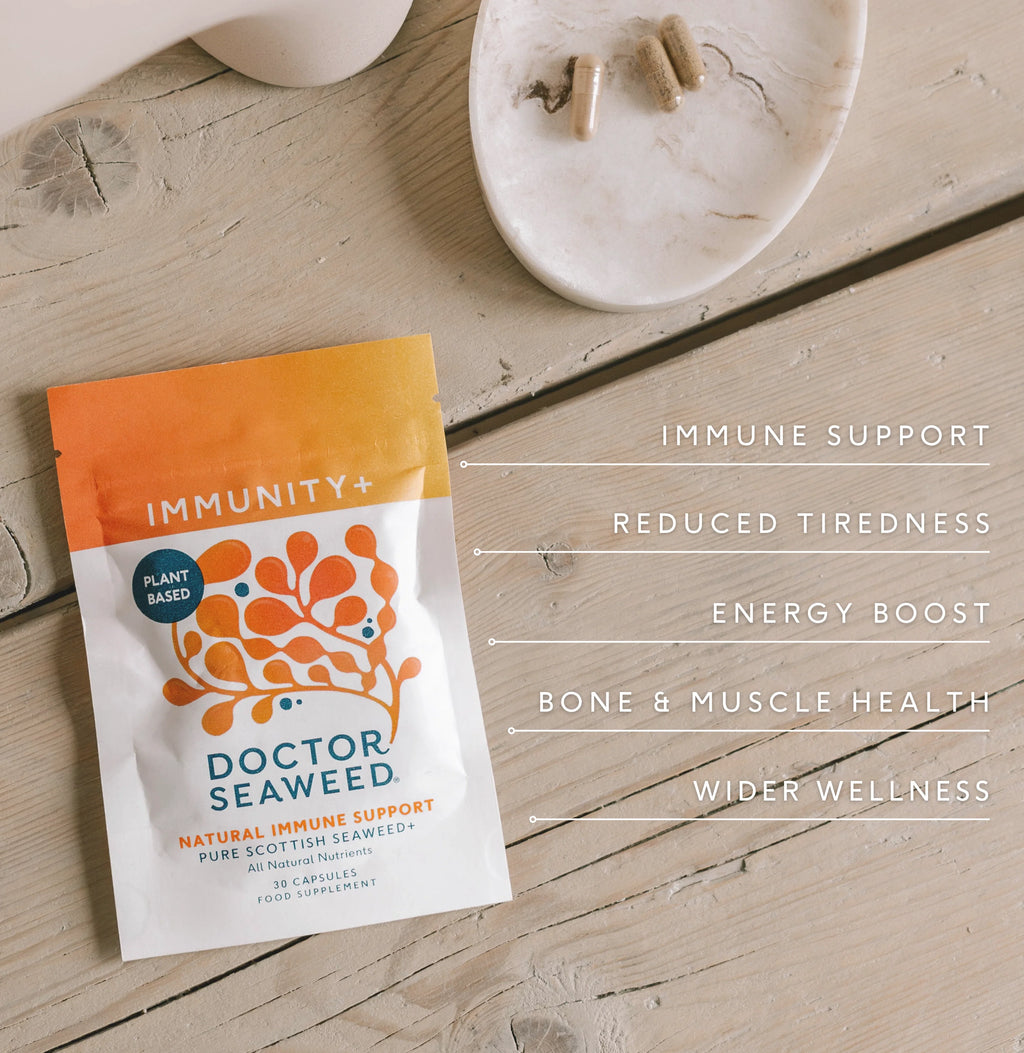 Doctor Seaweed Clarity & Defence Duo with immune-boosting ingredients, featuring infographic on product benefits and ingredients.