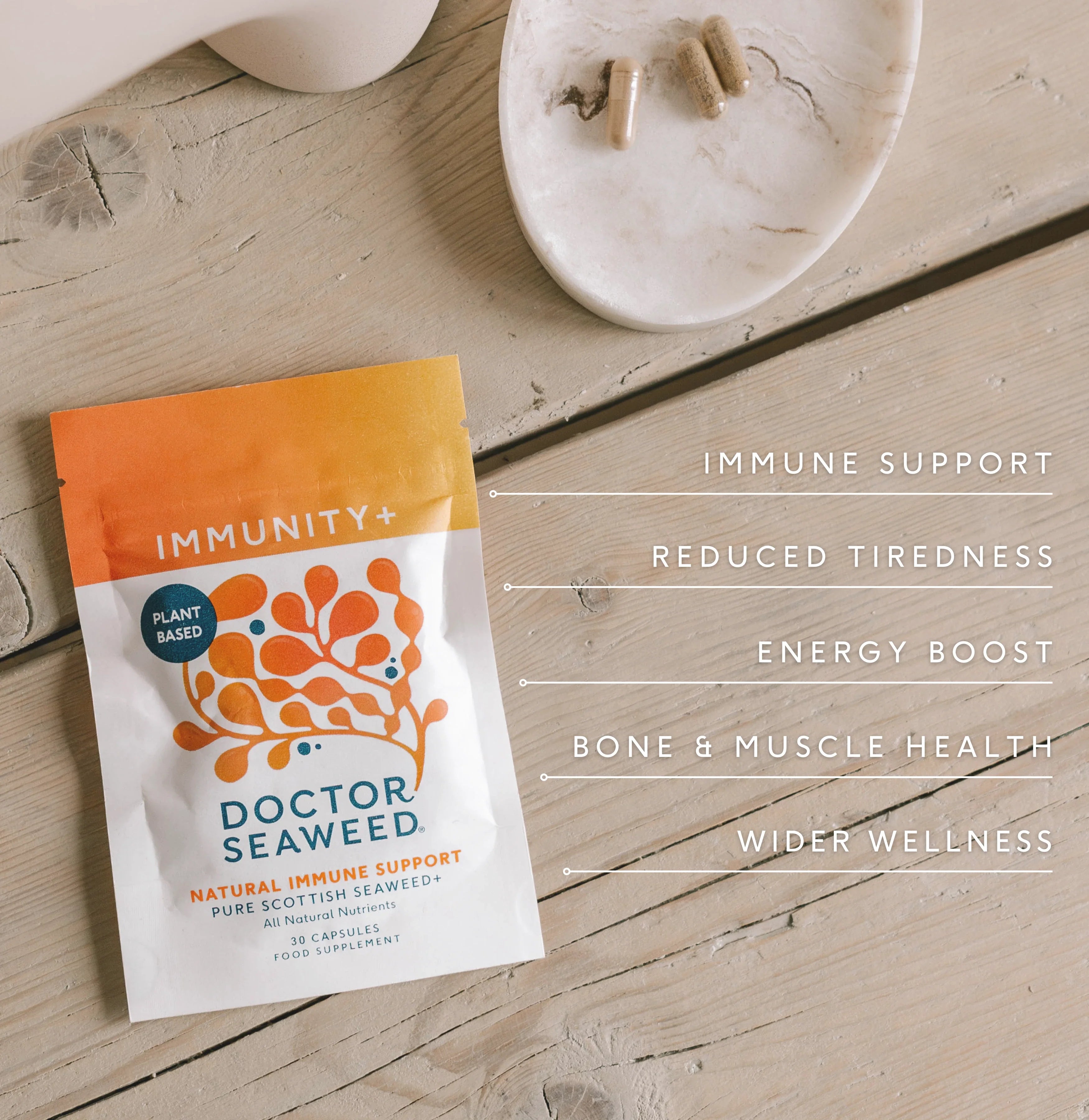 Doctor Seaweed Clarity & Defence Duo with immune-boosting ingredients, featuring infographic on product benefits and ingredients.