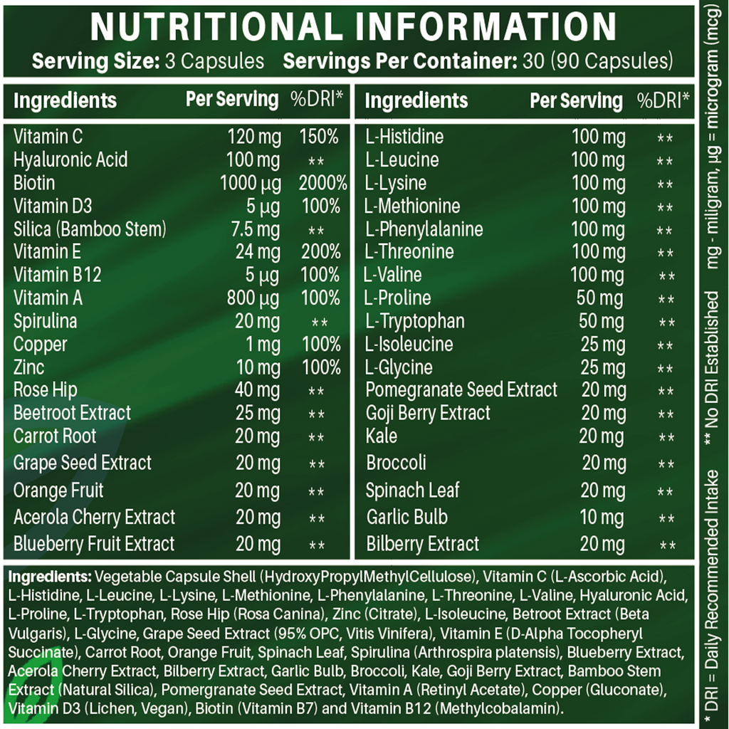 Nutrabytes Advanced Vegan Collagen capsules showing nutritional information label for hair, skin, nails, and joints health.