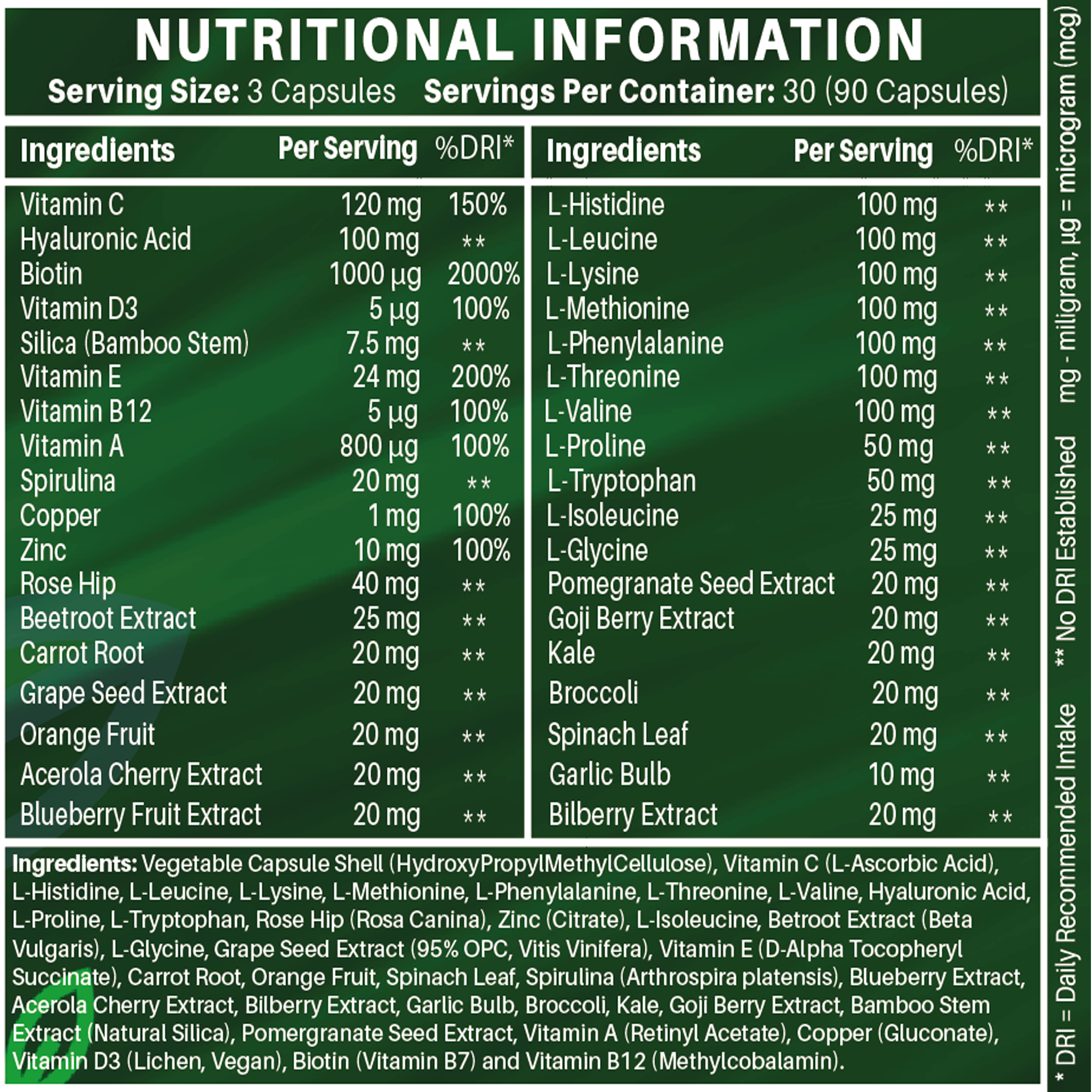 Nutrabytes Advanced Vegan Collagen capsules showing nutritional information label for hair, skin, nails, and joints health.