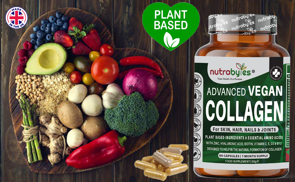 NUTRABYTES advanced vegan collagen capsules with plant-based ingredients, essential amino acids for hair, skin, nails, and joints.