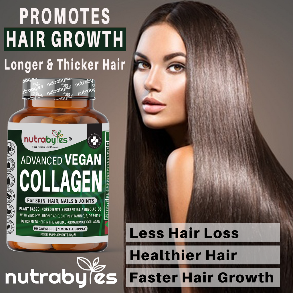 NUTRABYTES Advanced Vegan Collagen capsules for hair, skin, nails, and joints, featuring plant-based ingredients and essential amino acids.