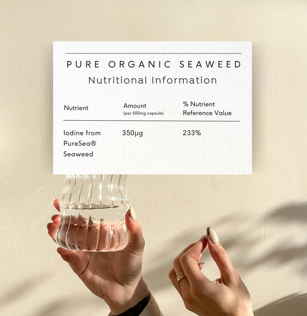 Nutritional table of Doctor Seaweed's pure organic seaweed supplement, showing health benefits and ingredient details on a clean background.