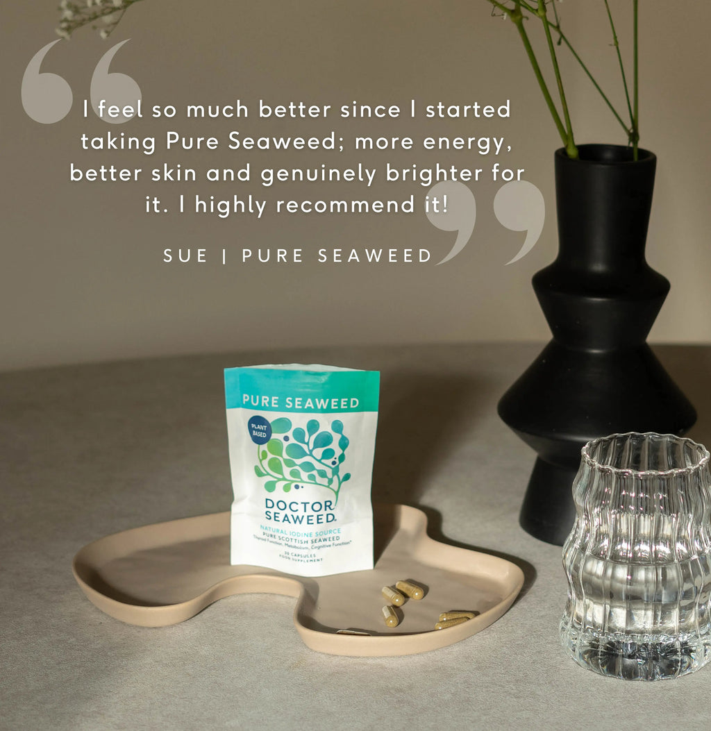 Pure organic seaweed supplement from Doctor Seaweed, showing fresh, green seaweed in a natural setting.