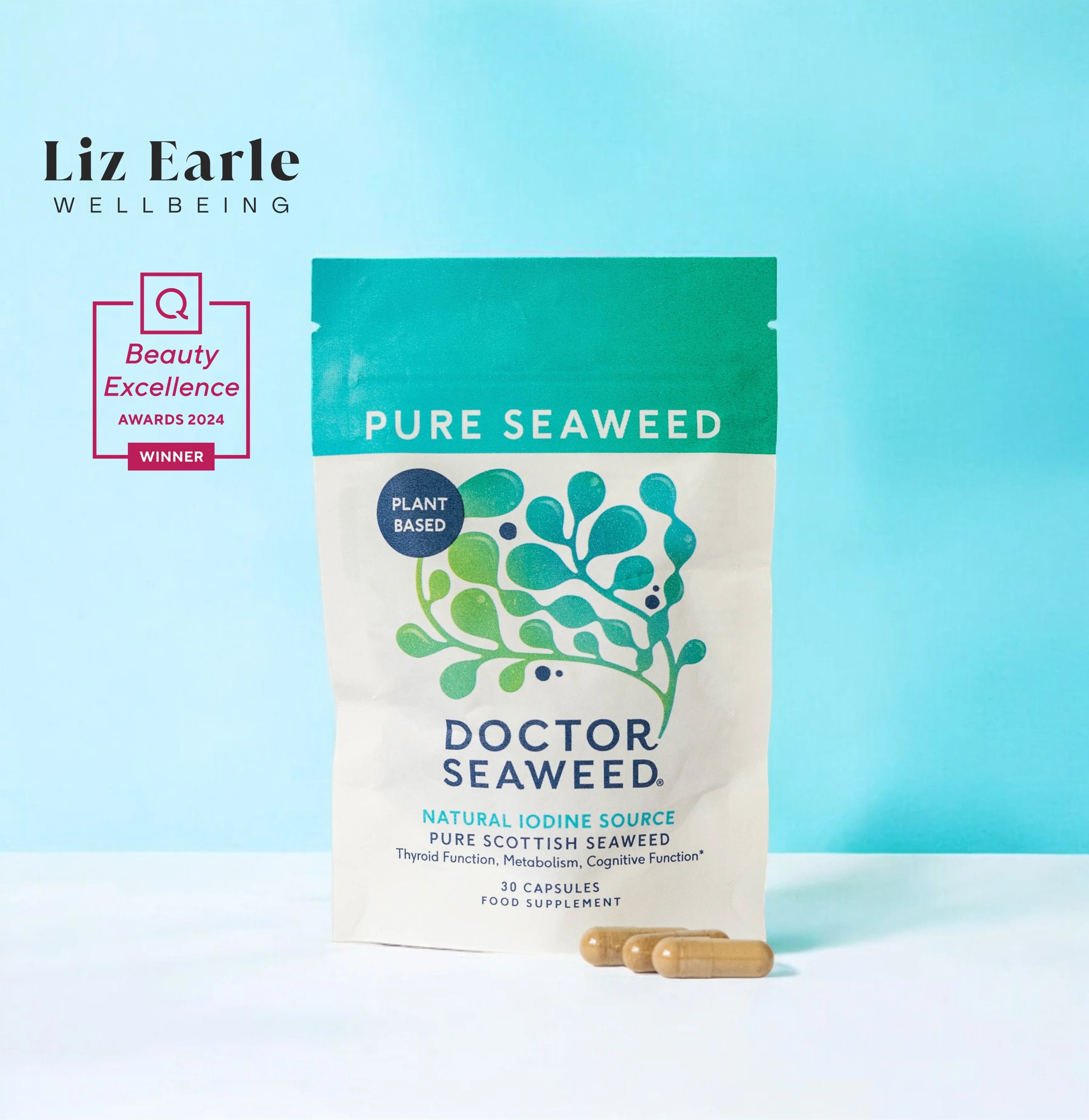 Pure organic seaweed supplement by Doctor Seaweed, showcasing dried, green seaweed with natural texture and vibrant color.