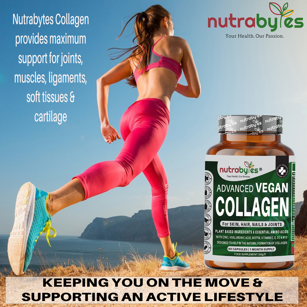 NUTRABYTES Advanced Vegan Collagen capsules for hair, skin, nails, and joints, featuring plant-based ingredients and essential amino acids.