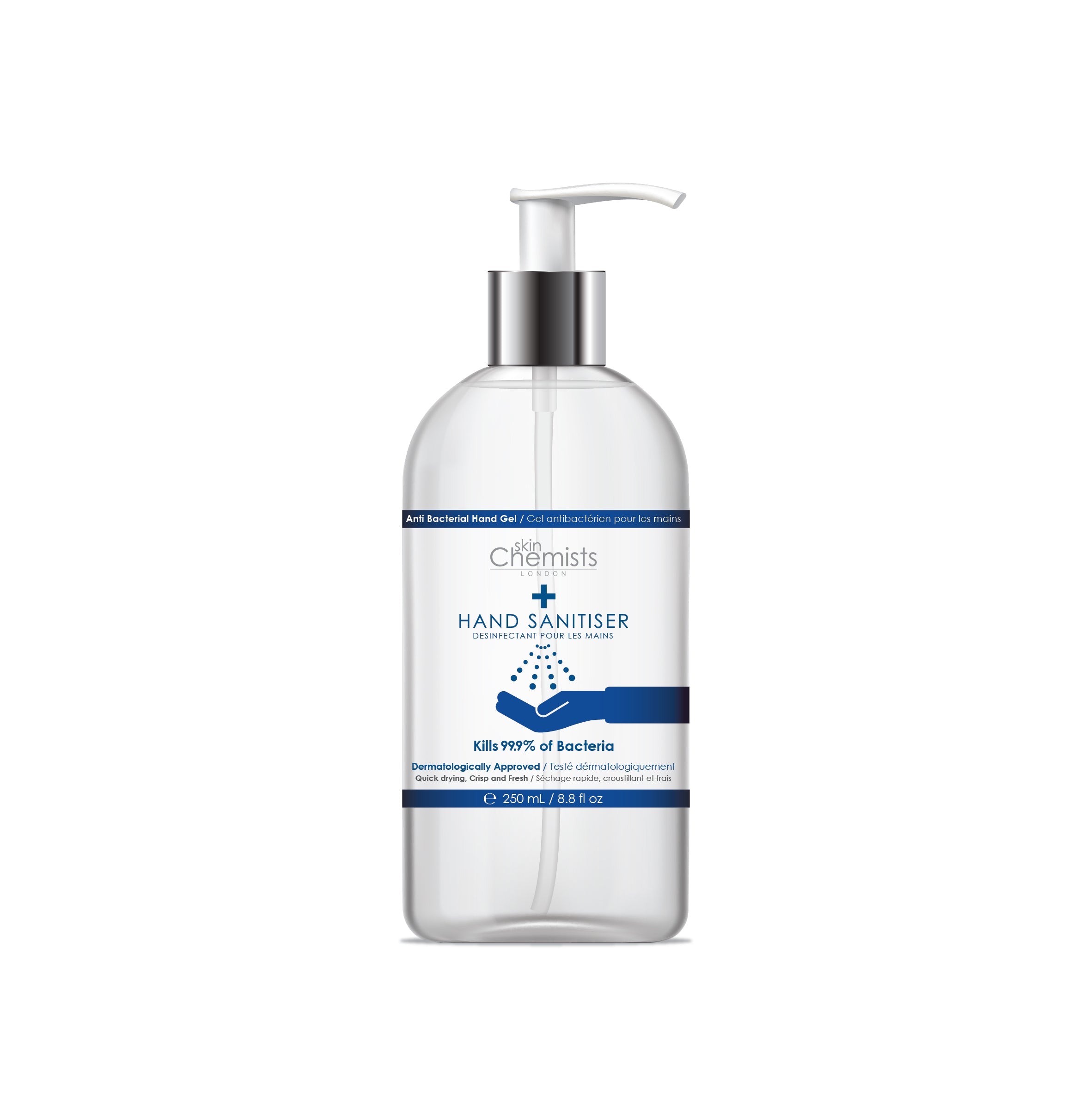 Grace Beauty skinChemists London high-strength hand sanitizer in a clear bottle with a flip-top cap, designed for effective skin protection.