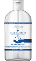 Grace Beauty skinChemists London high-strength hand sanitizer in a clear bottle with a flip-top cap, designed for effective hand sanitization.