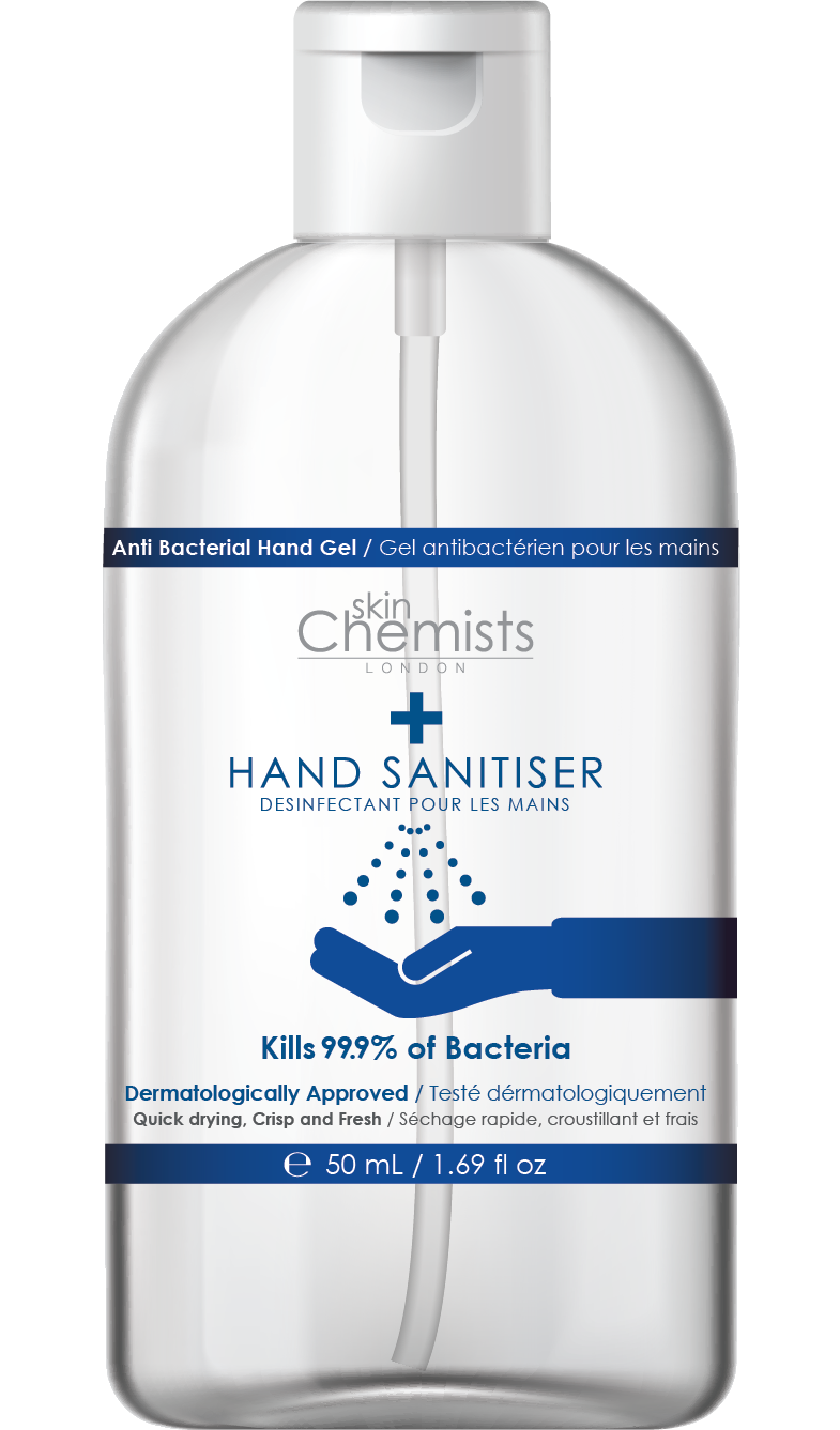 Grace Beauty skinChemists London high-strength hand sanitizer in a clear bottle with a flip-top cap, designed for effective hand sanitization.