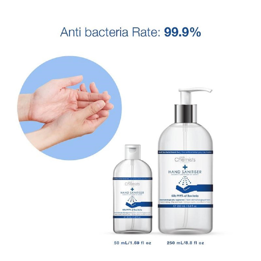 Grace Beauty skinChemists London high-strength hand sanitizer bottle with clear label and pump dispenser, placed on a white background.