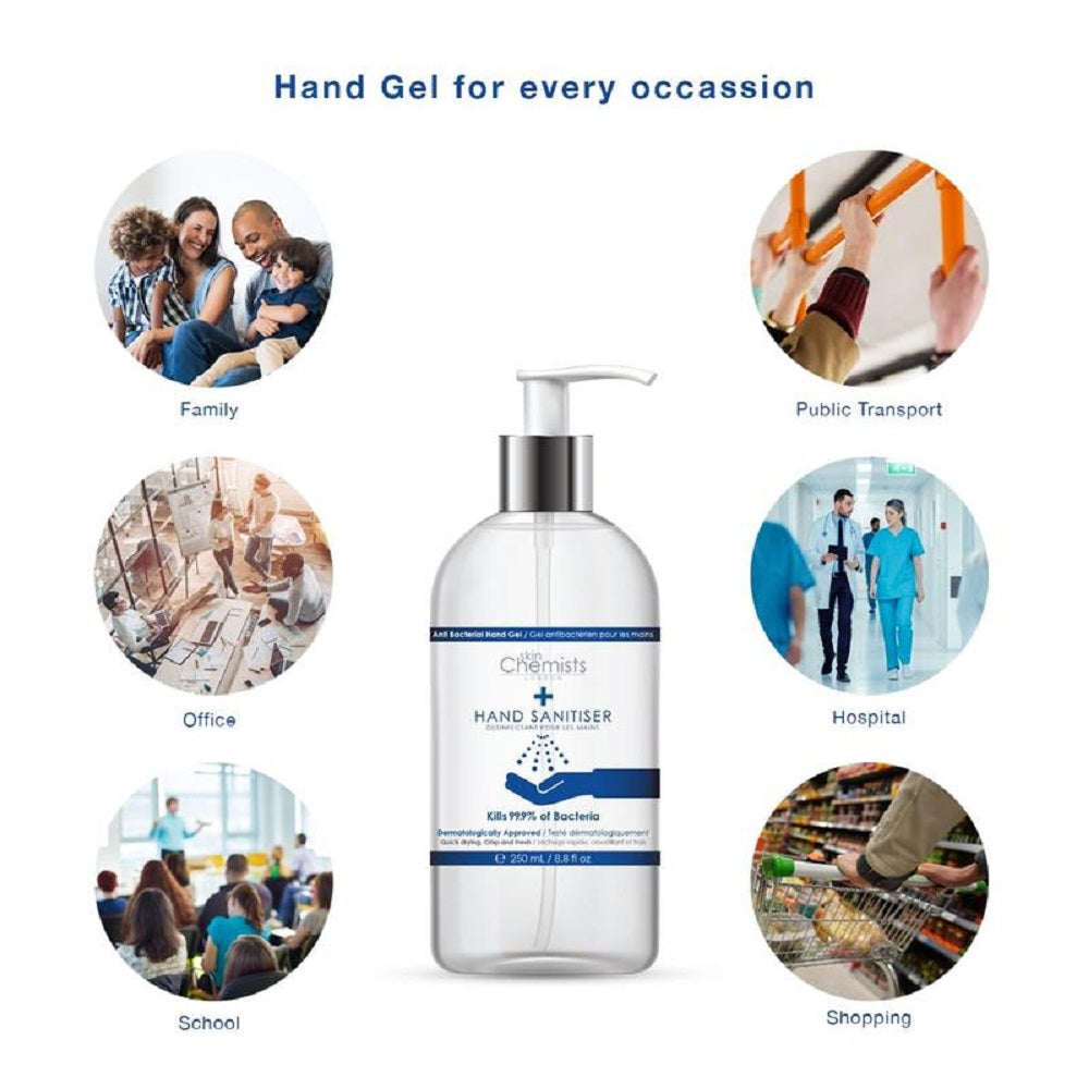 Grace Beauty skinChemists London high-strength hand sanitizer in a clear bottle with a flip-top cap, designed for effective hand hygiene.