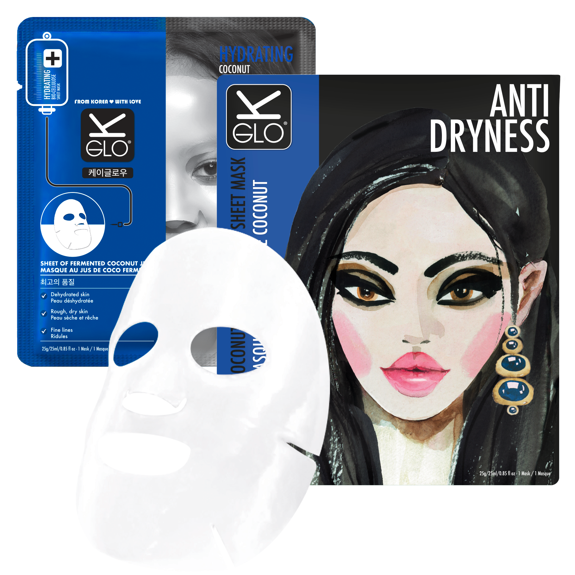 Grace Beauty K-GLO® Anti-Dryness Coconut Bio-Cellulose Sheet Mask in sachet for hydrating skin care and moisture boost.