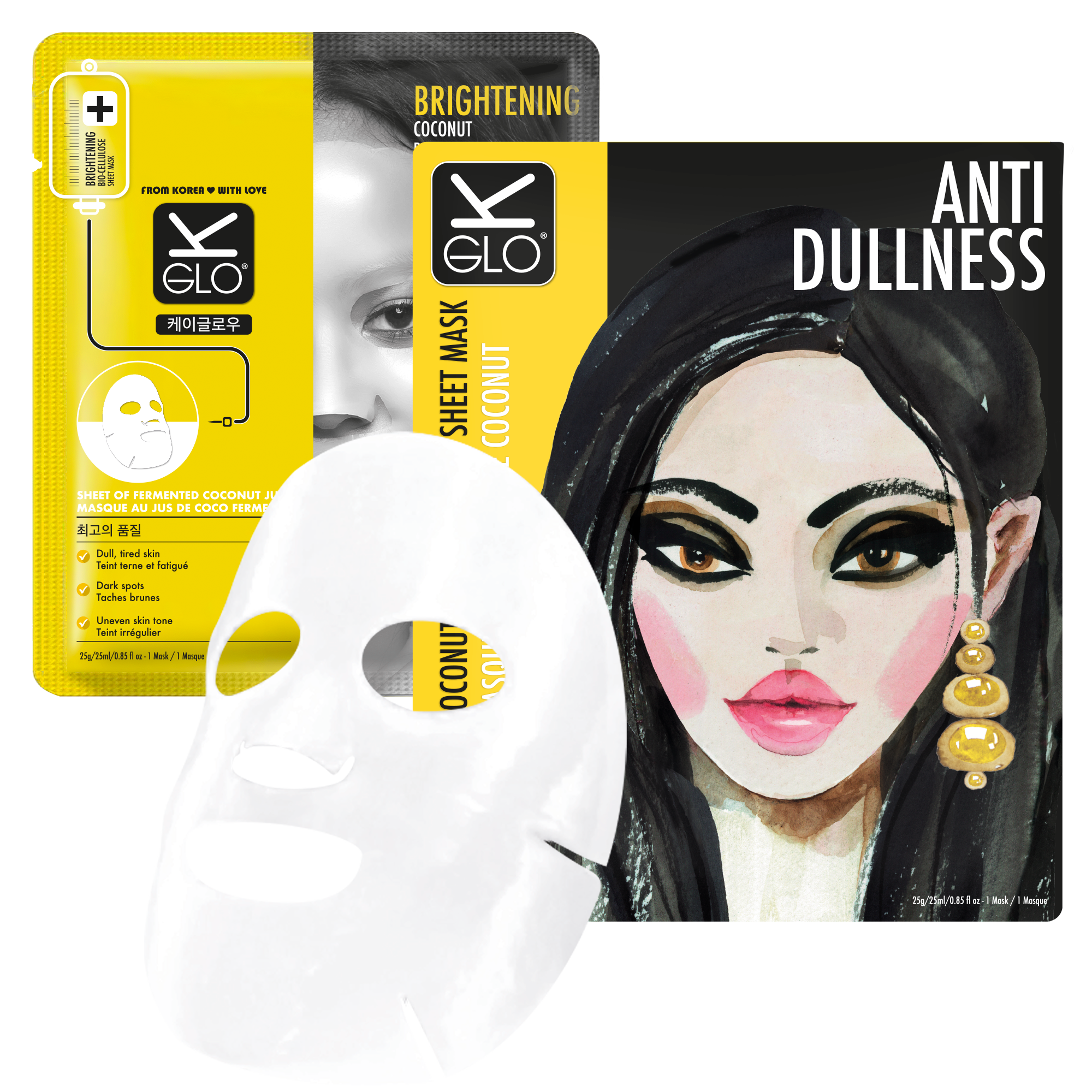 Grace Beauty K-GLO® Anti-Dullness Coconut Bio-Cellulose Sheet Mask in a sachet, showcasing the skincare product in its packaging.